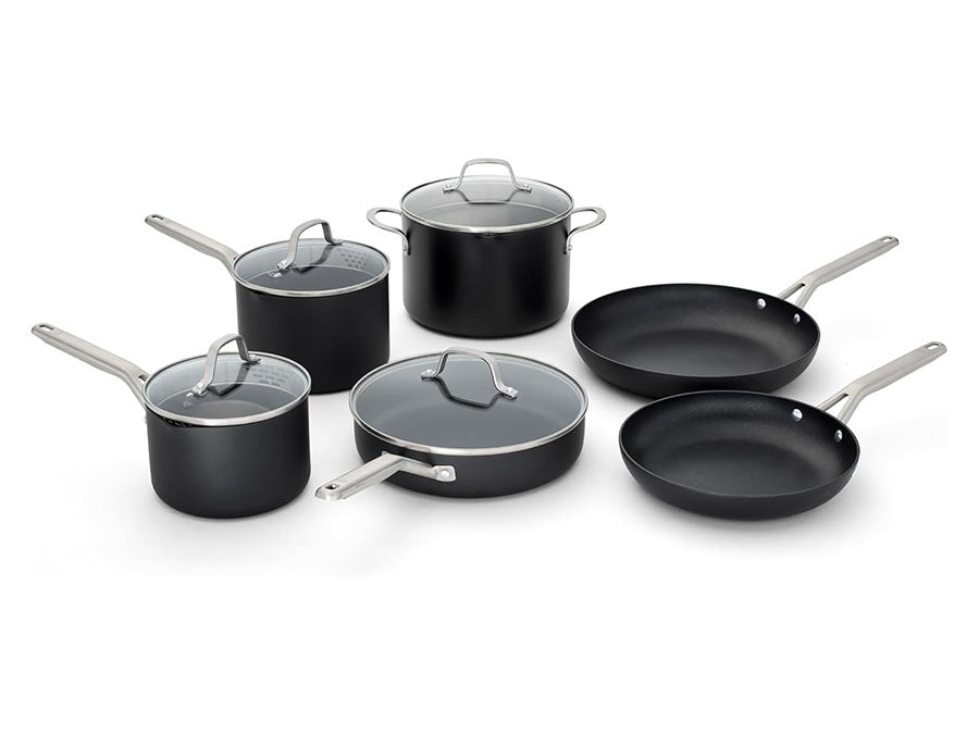 Dark hard-anodized aluminum cookware and surface details