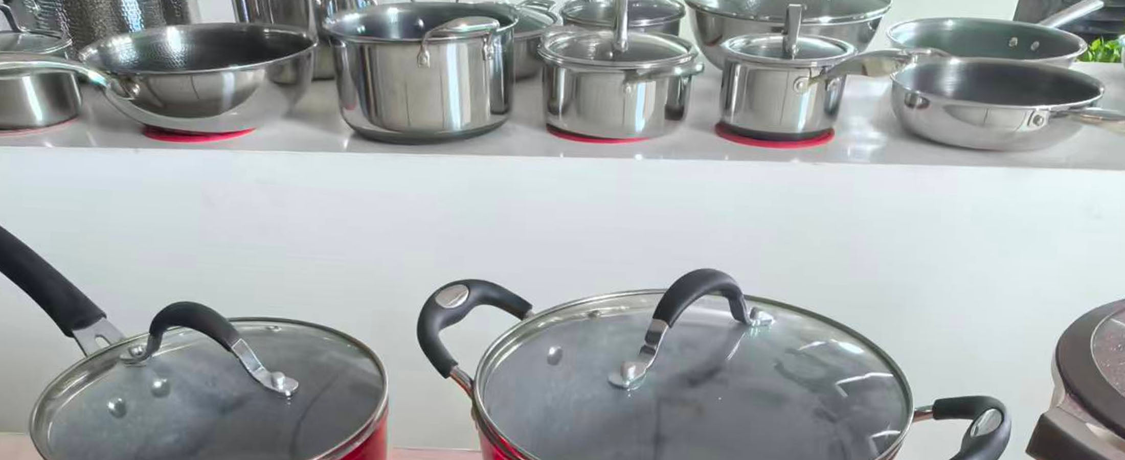 Private label cookware and electric cooking appliances presented with logo, color and finish references